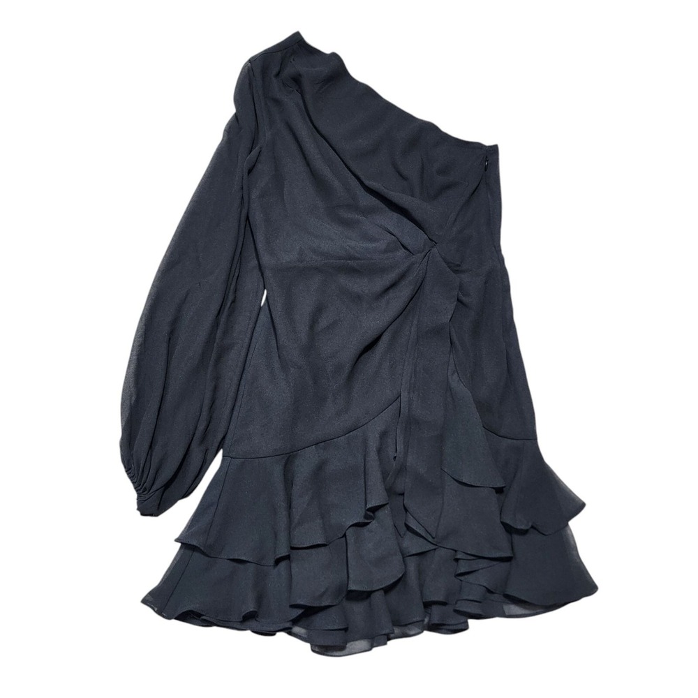 Michael Costello x REVOLVE Dress Womens M Black One Shoulder Ruffle Mini Party - Picture 2 of 11